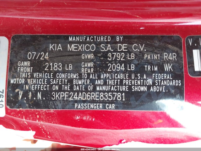 42483493 :رقم المزاد ، 3KPF24AD6RE835781 vin ، 2024 Kia Forte Lxs مزاد بيع