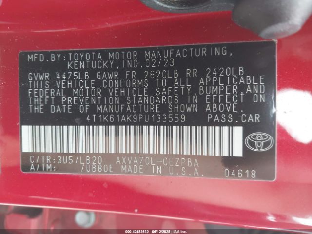 4T1K61AK9PU133559 Toyota CAMRY XSE