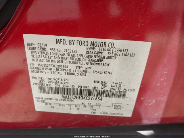 MAJ3S2GE3KC291654 Ford Ecosport
