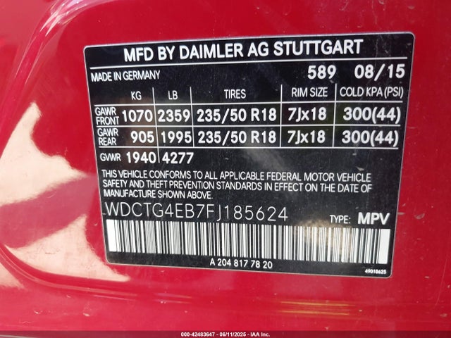 WDCTG4EB7FJ185624 Mercedes-Benz 2015