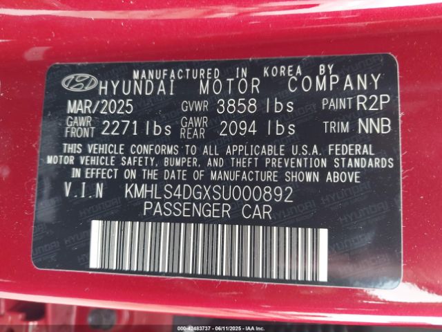 KMHLS4DGXSU000892 Hyundai Elantra Sel Convenience