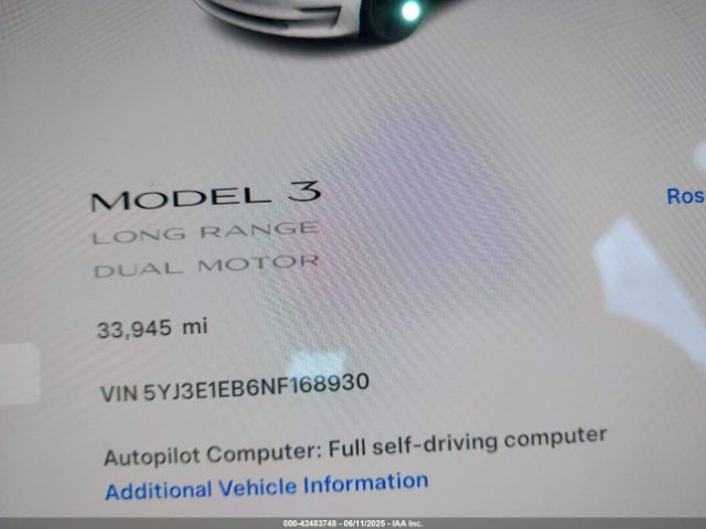 5YJ3E1EB6NF168930 Tesla MODEL 3
