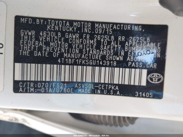 4T1BF1FK5GU143918 Toyota 2ar-fe