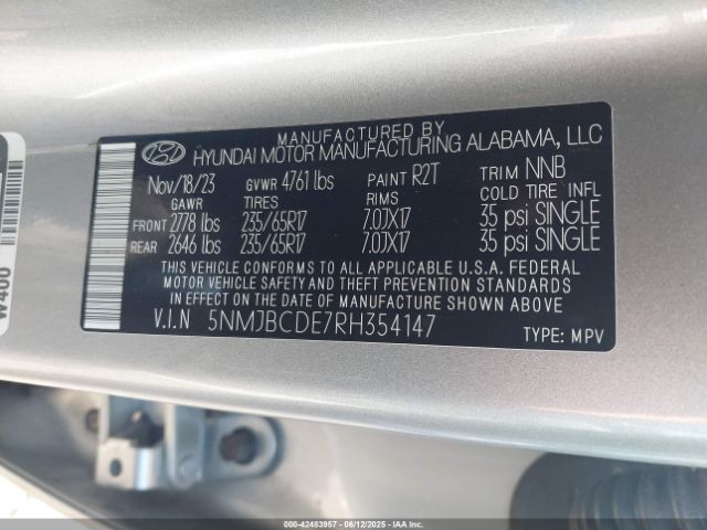 5NMJBCDE7RH354147 Hyundai TUCSON SEL