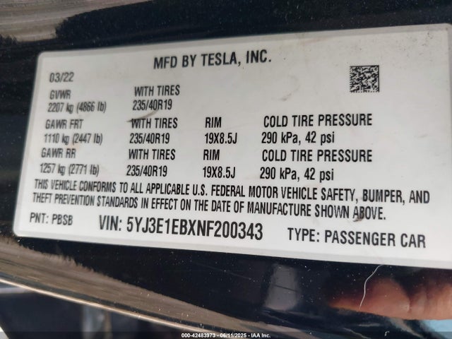 2022 TESLA MODEL 3 5YJ3E1EBXNF200343 Photo 8