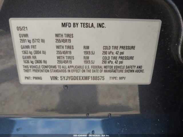 2021 TESLA MODEL Y 5YJYGDEEXMF188575 Photo 8