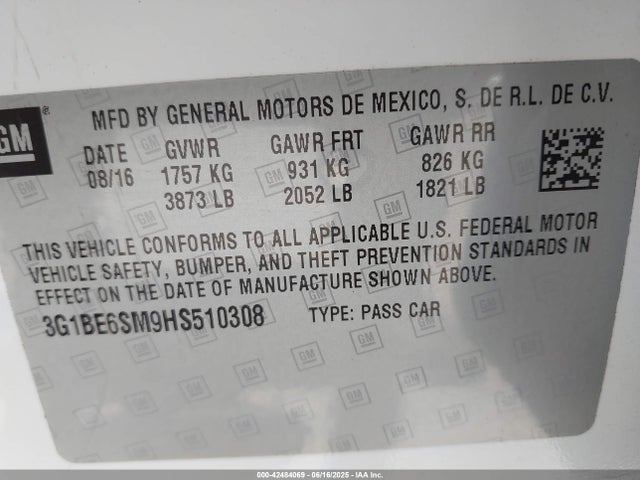 3G1BE6SM9HS510308 Chevrolet le2 -di: direct injection, vvt: variable valve timing, gen, alum
