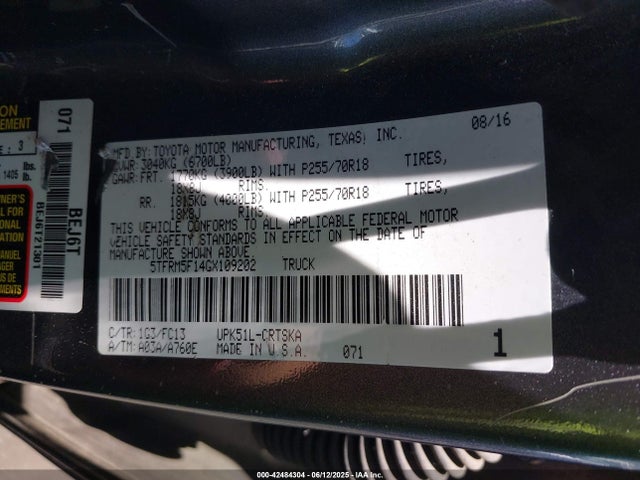 5TFRM5F14GX109202 Toyota 1ur-fe