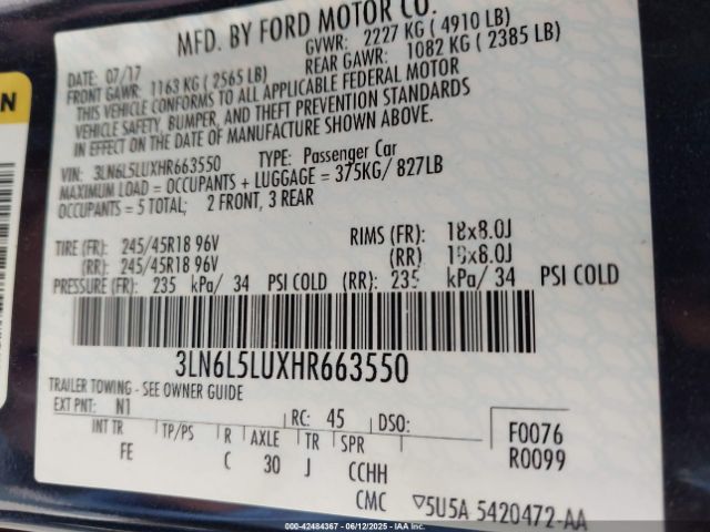 2017 LINCOLN MKZ HYBRID 3LN6L5LUXHR663550 Photo 8