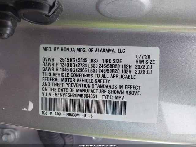 Honda j35y6 2021 5FNYF5H29MB004351 Image 9