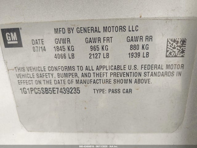 1G1PC5SB5E7439235 Chevrolet Cruze 1lt Auto