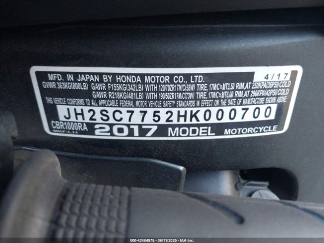 2017 HONDA CBR1000 JH2SC7752HK000700 Photo 9