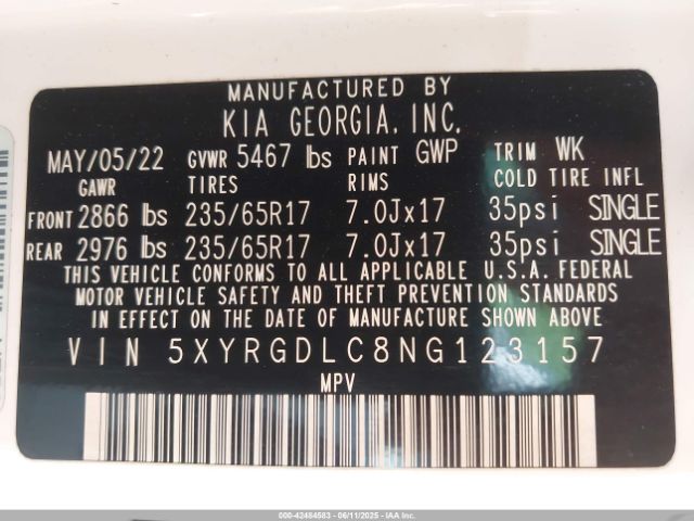 2022 KIA SORENTO 5XYRGDLC8NG123157 Photo 8