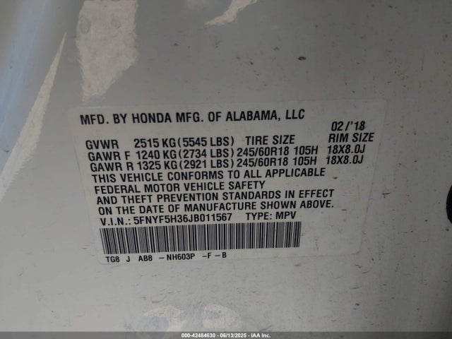 5FNYF5H36JB011567 Honda j35y6