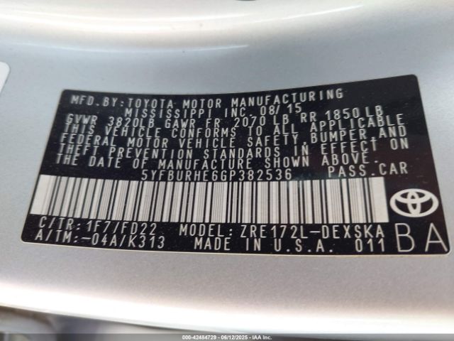 5YFBURHE6GP382536 Toyota 2zr-fe