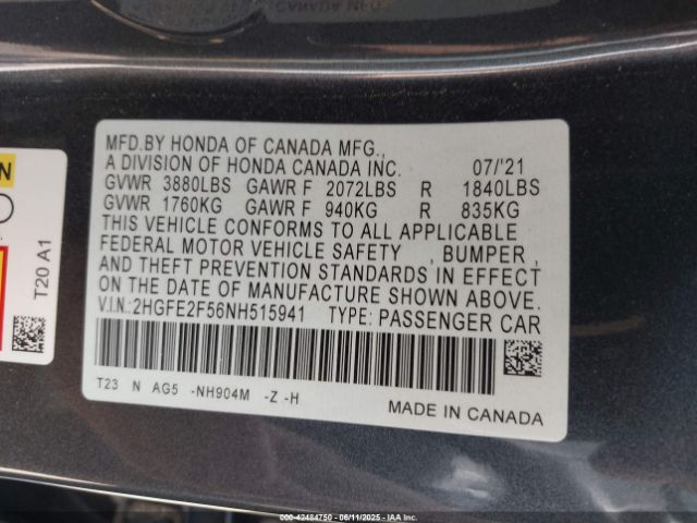 2022 HONDA CIVIC 2HGFE2F56NH515941 Photo 8