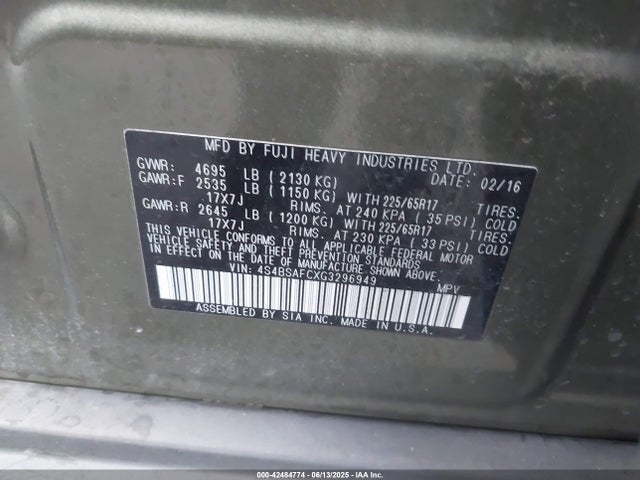 4S4BSAFCXG3296949 Subaru 2.5l u5