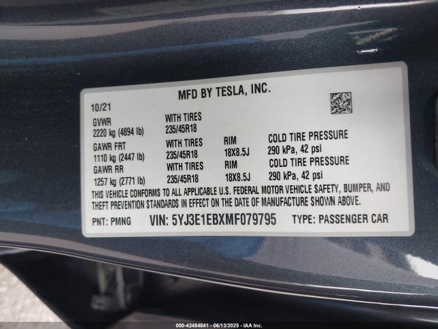 2021 TESLA MODEL 3 5YJ3E1EBXMF079795 Photo 8