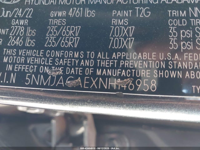 5NMJACAEXNH146958 Hyundai gdi theta iii
