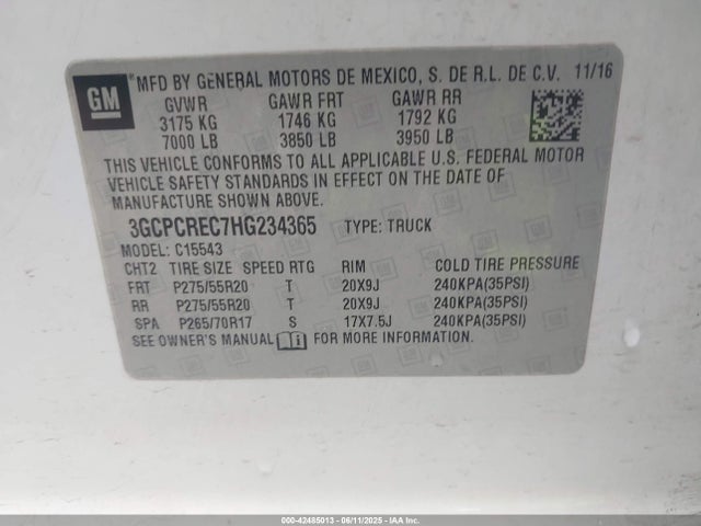 3GCPCREC7HG234365 Chevrolet l83 - sidi: spark ignited direct injection, vvt: variable valve timing, afm, e85 max, alum
