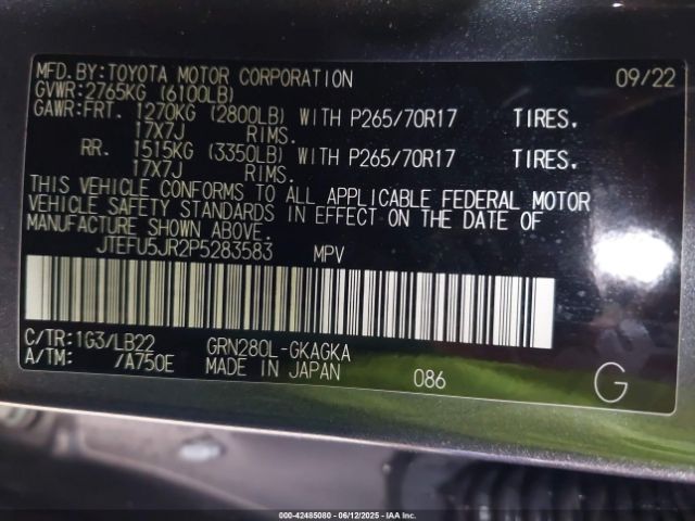 JTEFU5JR2P5283583 Toyota 4runner Sr5 Premium