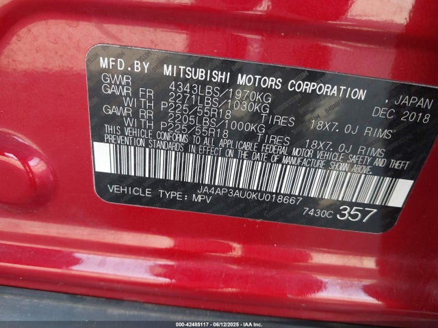Mitsubishi mivec 2019 JA4AP3AU0KU018667 Image 9
