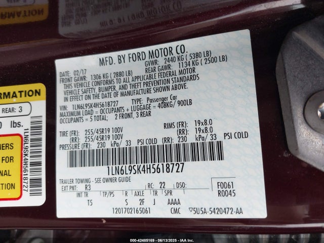 1LN6L9SK4H5618727 Lincoln 3.7l tivct