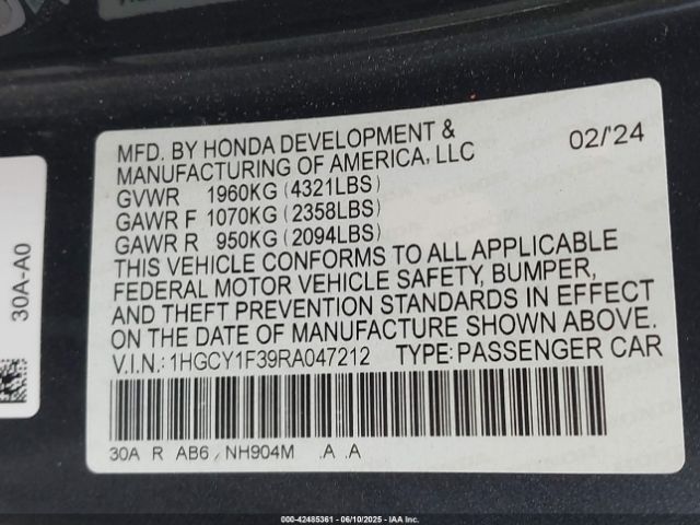 1HGCY1F39RA047212 Honda ACCORD EX