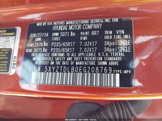 5XYZTDLB0EG208769 Hyundai Santa Fe Sport 2.4l