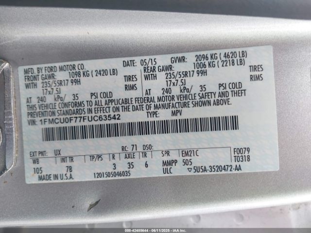 1FMCU0F77FUC63542 Ford ESCAPE S