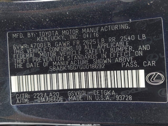 Lexus 2gr-fe 2016 58ABK1GG7GU018692 Image 9