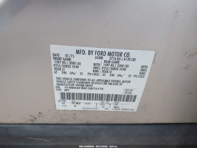 1FM5K8F89FGB75175 Ford Explorer Limited