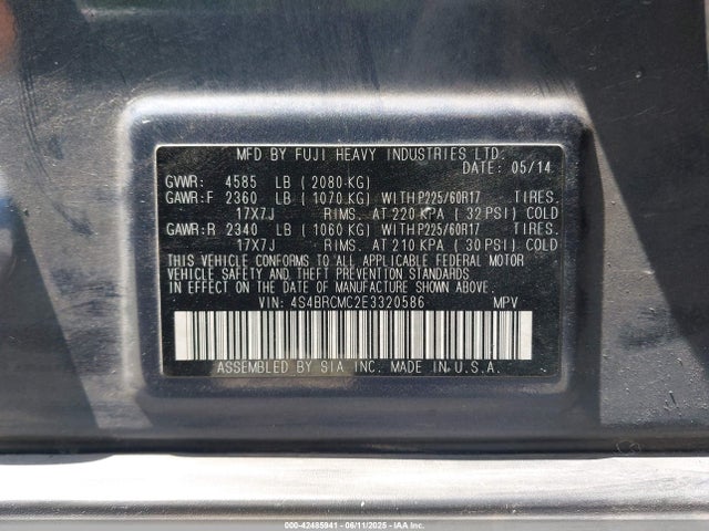 2014 Subaru Outback 2.5i Limited მანქანა იყიდება აუქციონზე, vin: 4S4BRCMC2E3320586, აუქციონის ნომერი: 42485941