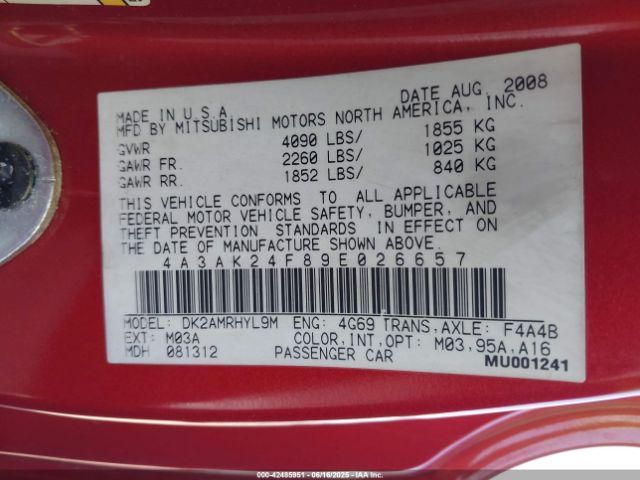 2009 MITSUBISHI ECLIPSE 4A3AK24F89E026657 Photo 8