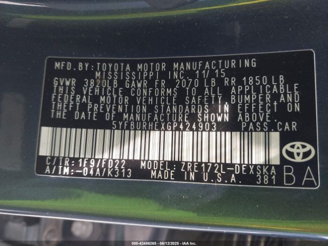 5YFBURHEXGP424903 Toyota 2zr-fe