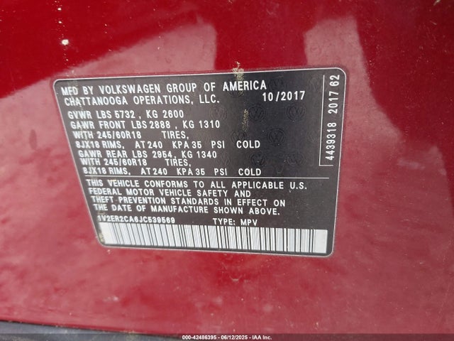 Продаж на аукціоні авто 2018 Volkswagen Atlas 3.6l V6 Sel, vin: 1V2ER2CA6JC539569, номер лоту: 42486395