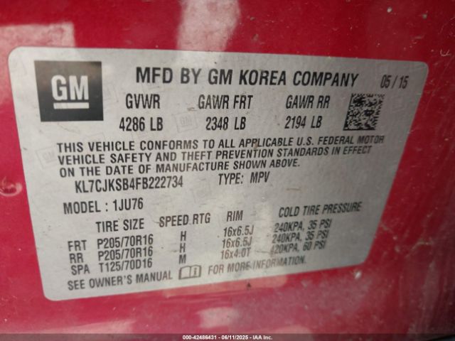KL7CJKSB4FB222734 Chevrolet Trax 1ls