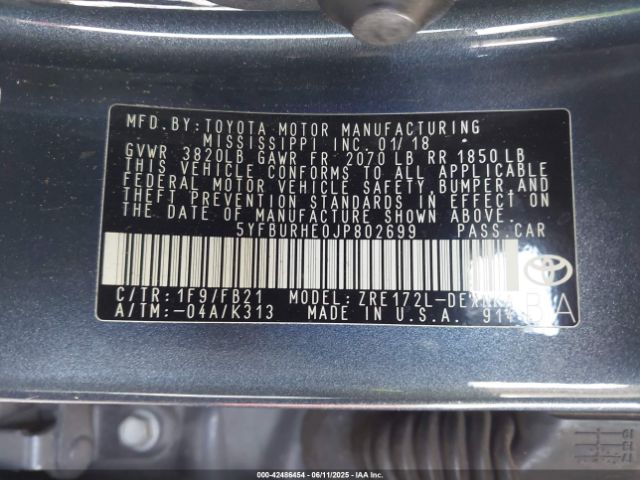 5YFBURHE0JP802699 Toyota COROLLA LE