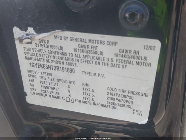 2003 CADILLAC ESCALADE 1GYEK63N73R191890 Photo 8