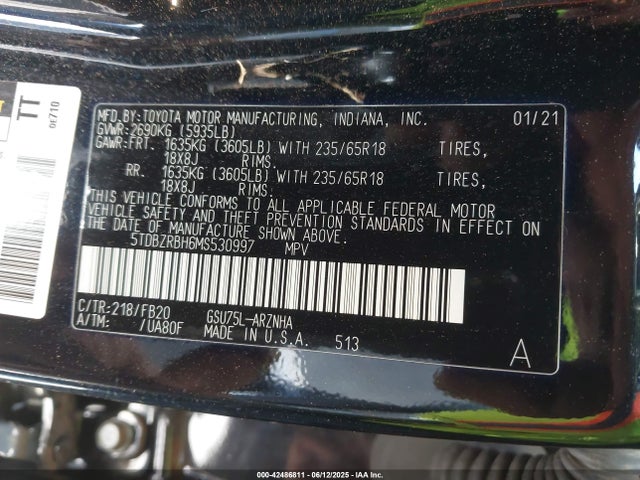5TDBZRBH6MS530997 Toyota 2gr-fks