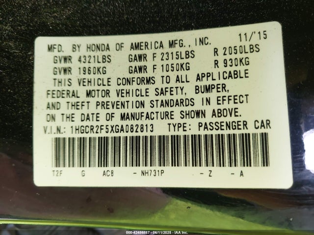1HGCR2F5XGA082813 Honda k24w1