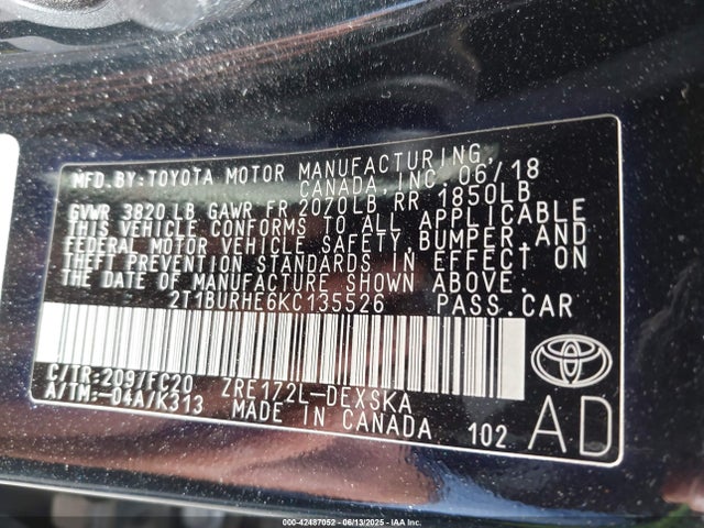 Toyota 2zr-fe 2019 2T1BURHE6KC135526 Image 9