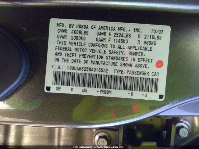 2008 ACURA TL 19UUA66258A016552 Photo 8