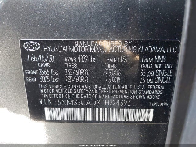 2020 Hyundai Santa Fe Limited მანქანა იყიდება აუქციონზე, vin: 5NMS5CADXLH224393, აუქციონის ნომერი: 42487178