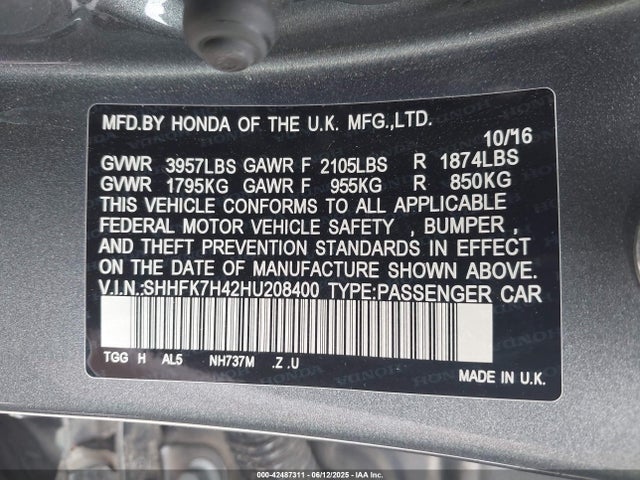 SHHFK7H42HU208400 Honda l15ba