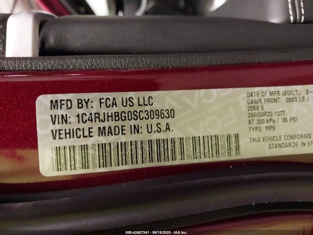 42487341 :رقم المزاد ، 1C4RJHBG0SC309630 vin ، 2025 Jeep Grand Cherokee Limited 4x4 مزاد بيع