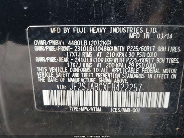 Subaru 2.5na u5 2015 JF2SJABCXFH422257 Image 9
