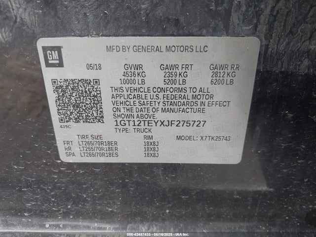 42487435 :رقم المزاد ، 1GT12TEYXJF275727 vin ، 2018 Gmc Sierra 2500hd Slt مزاد بيع