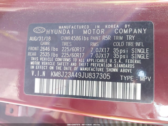 KM8J23A49JU837305 Hyundai TUCSON SE