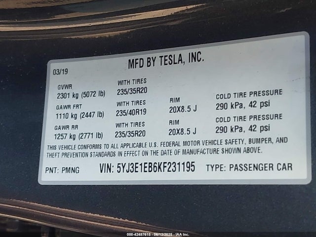 5YJ3E1EB6KF231195 Tesla 2019